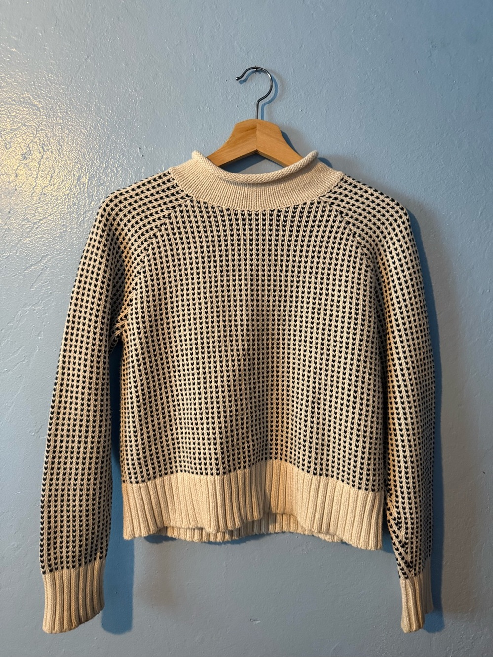 L.L. Bean Cream and Black Open-Weave Cowl Sweater